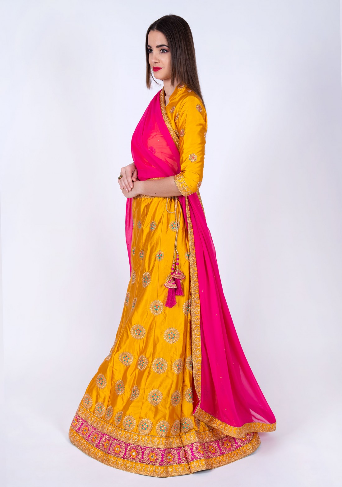 Yellow Colour Satin Silk Lehenga Pair With Contrast Dupatta