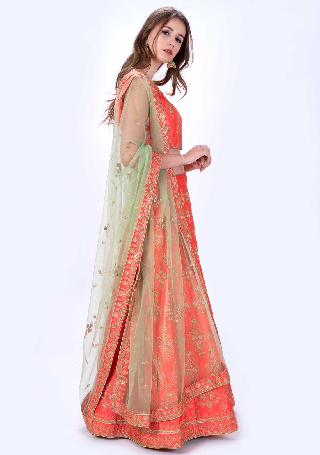Coral Red Embroidered Lehenga Paired with Dupatta