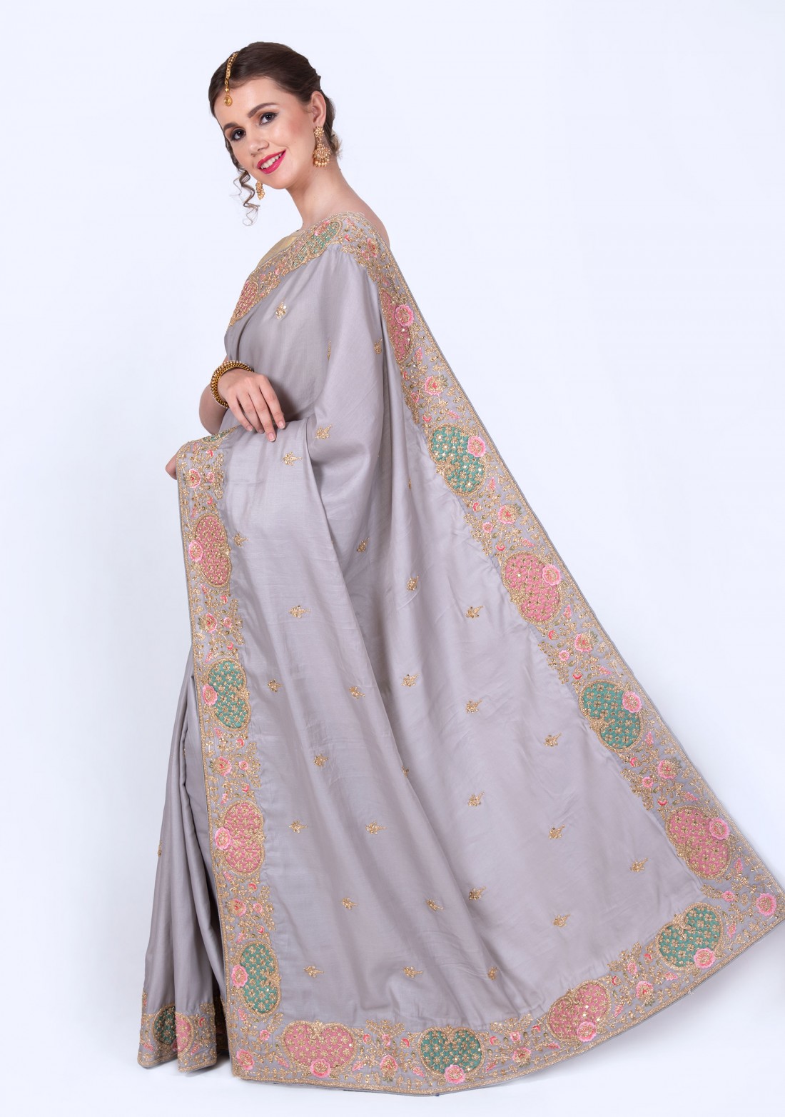 Silver Grey Colour Fine Silk Embroidered Saree