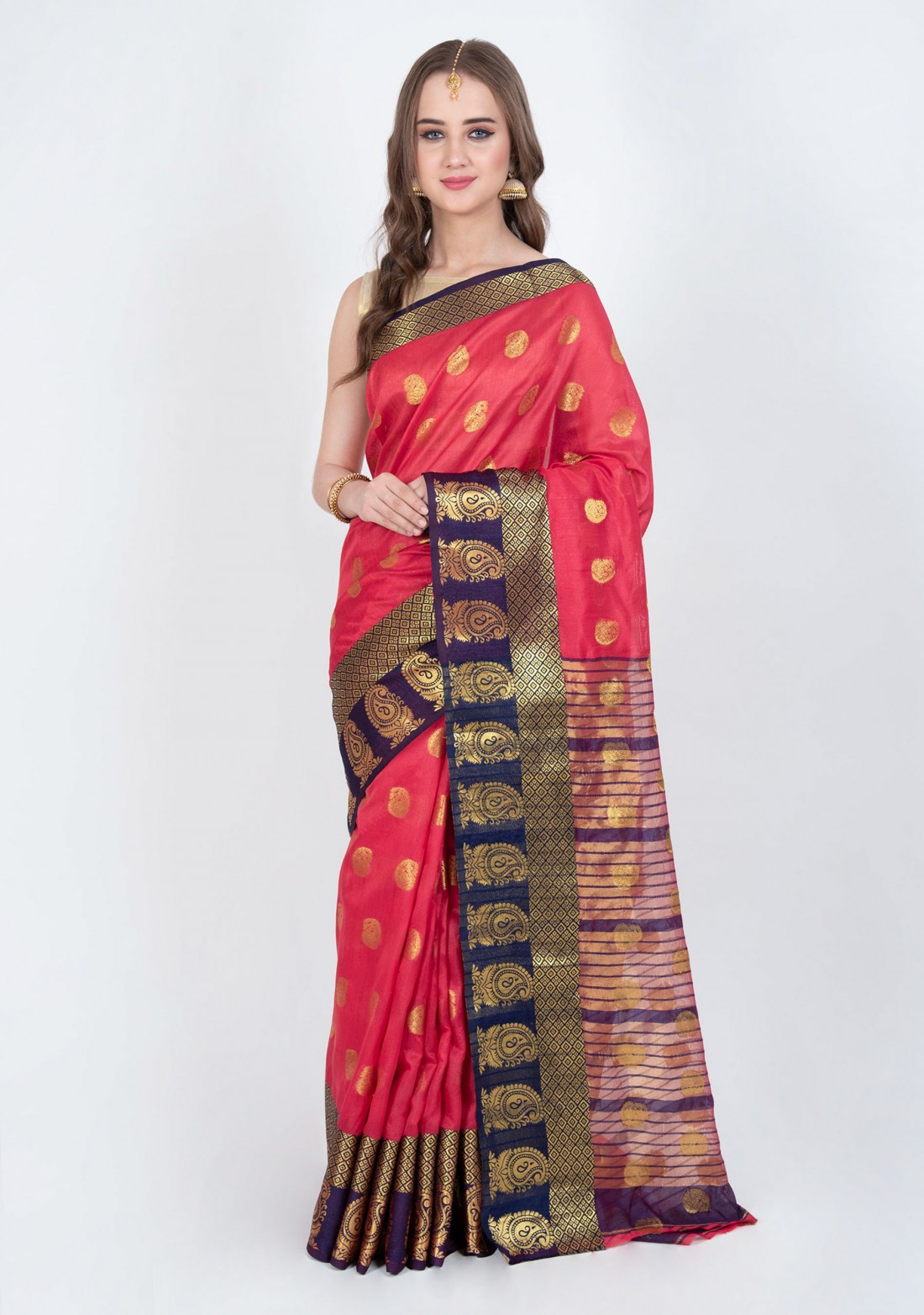 Rani Pink Woven Design Silk Blend Saree with Blouse
