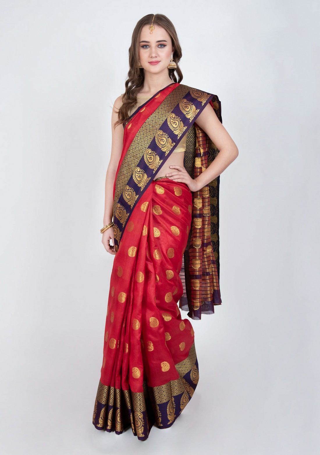 Red Woven Design Silk Blend Saree with Blouse