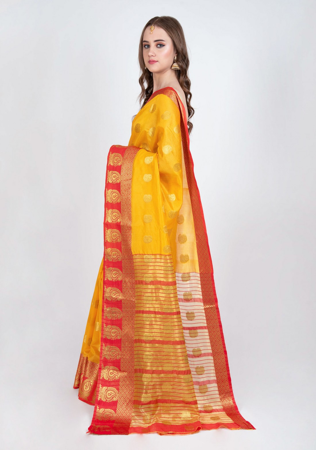 Bright Yellow Woven Design Silk Blend Saree with Blouse