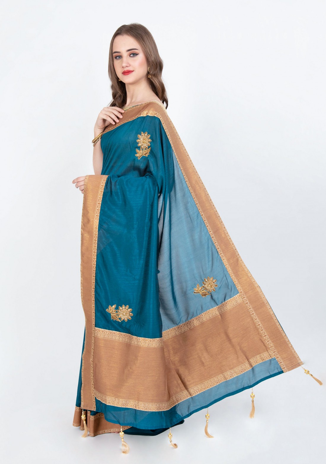Peacock Blue  & Golden Embroidered Satin Silk Saree