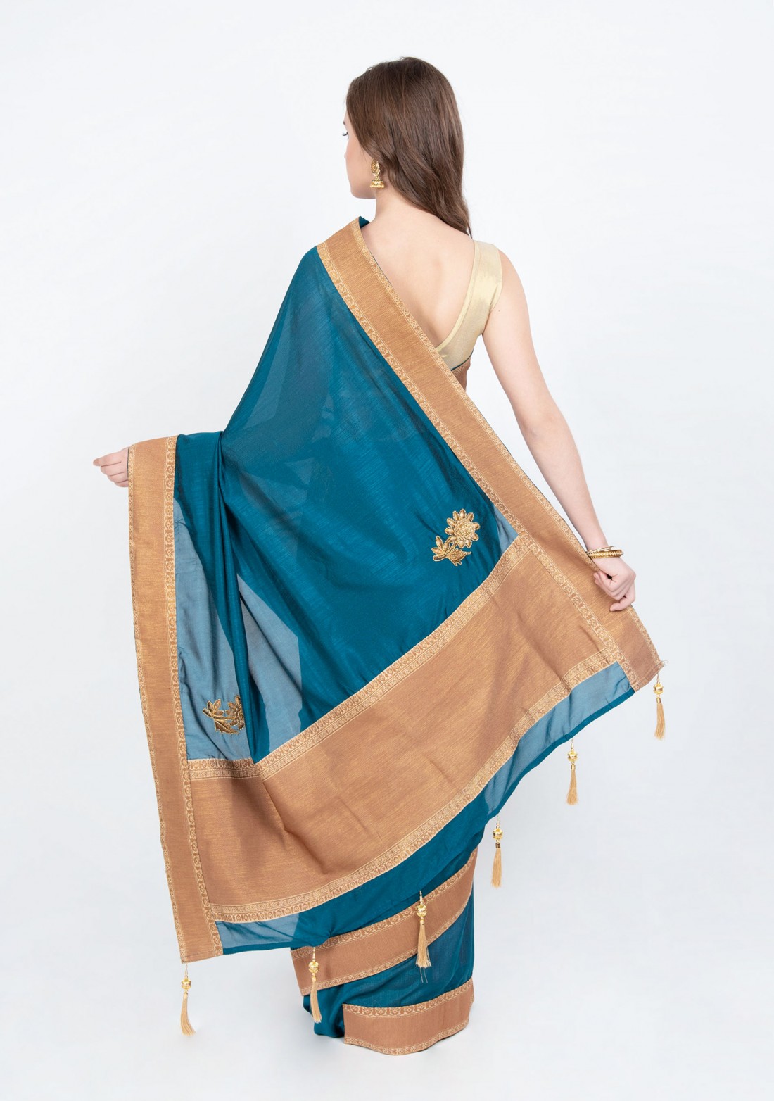 Peacock Blue  & Golden Embroidered Satin Silk Saree