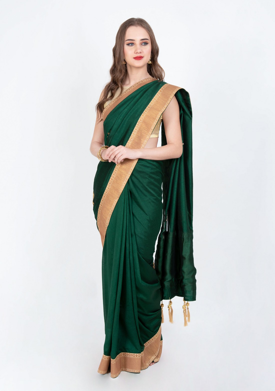 Green and Golden Embroidered Satin Silk Saree