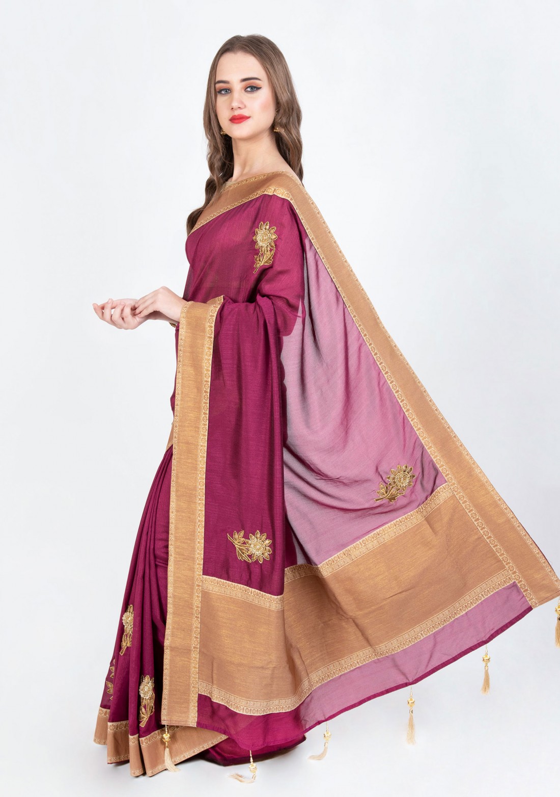 Wine Pink  and Golden Embroidered Satin Silk Saree