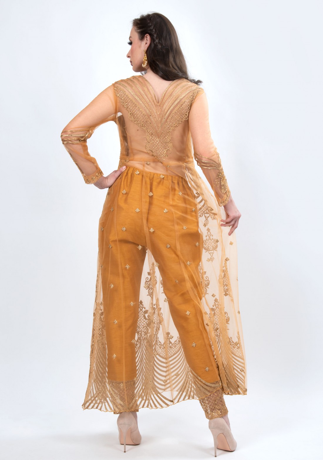 Amber Orange Embroidered Party Wear  Set