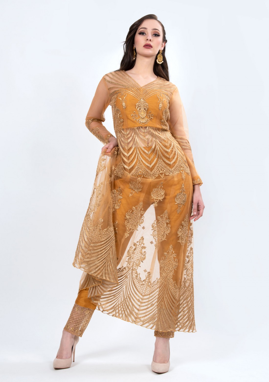 Amber Orange Embroidered Party Wear  Set