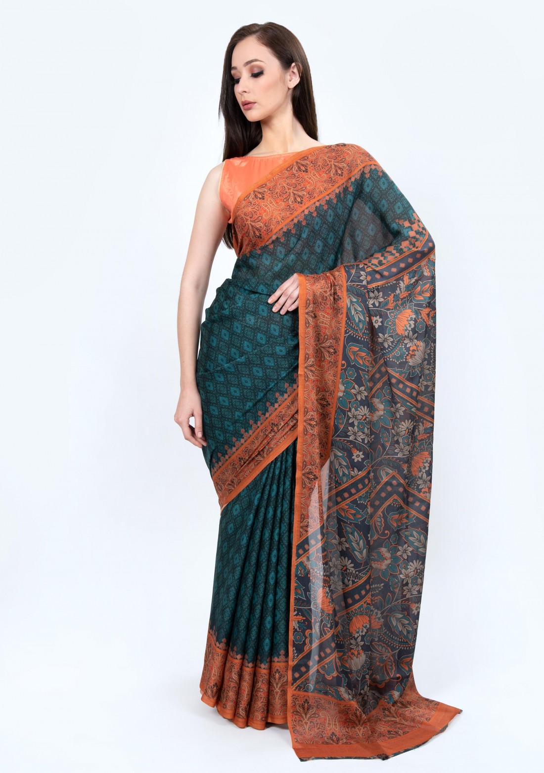 Multicolor Digital Printed Saree with Semi-Stitched Blouse