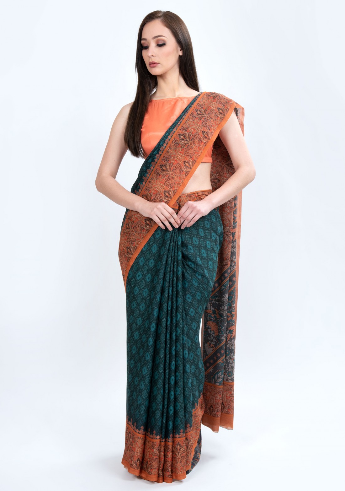 Multicolor Digital Printed Saree with Semi-Stitched Blouse