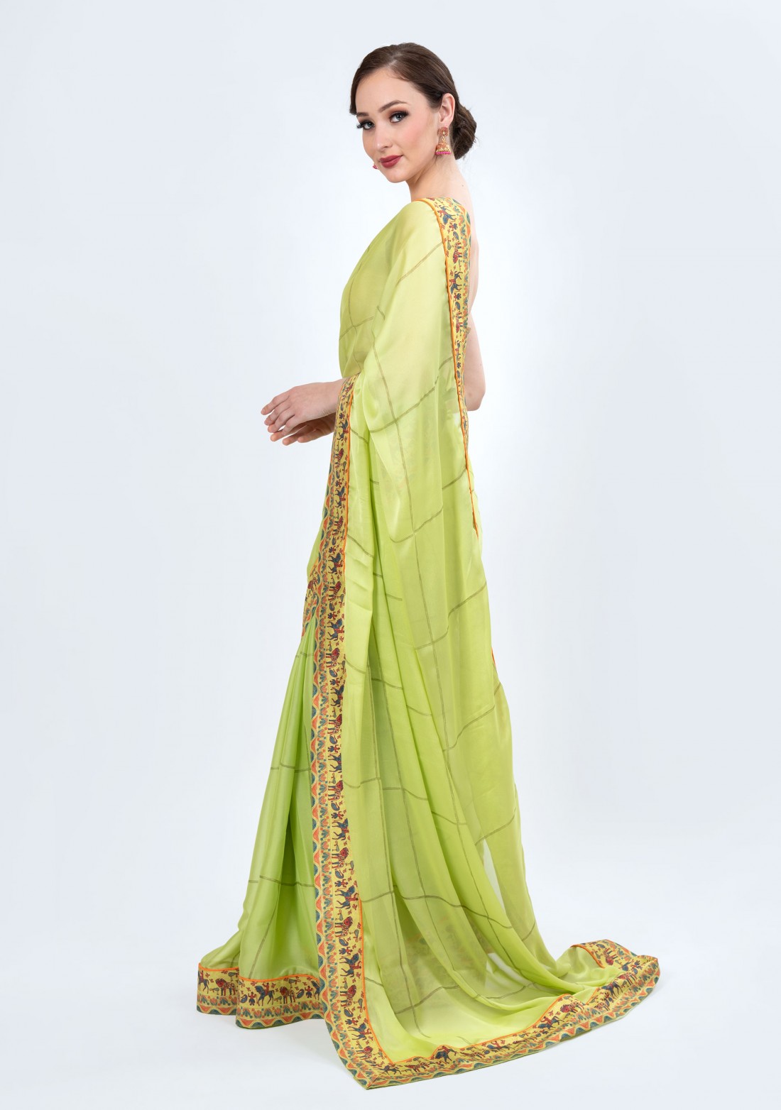 Checked Digital Printed  Lemon Green Saree with Semi-Stitched Blouse Piece