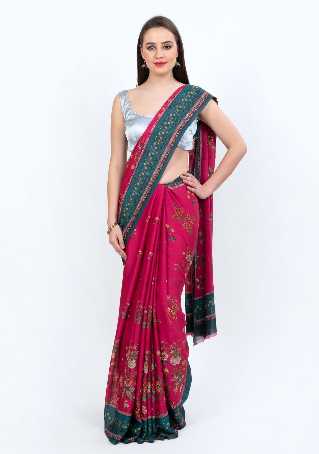 Pink Digital Print Georgette Saree with Semi-Stitched Blouse