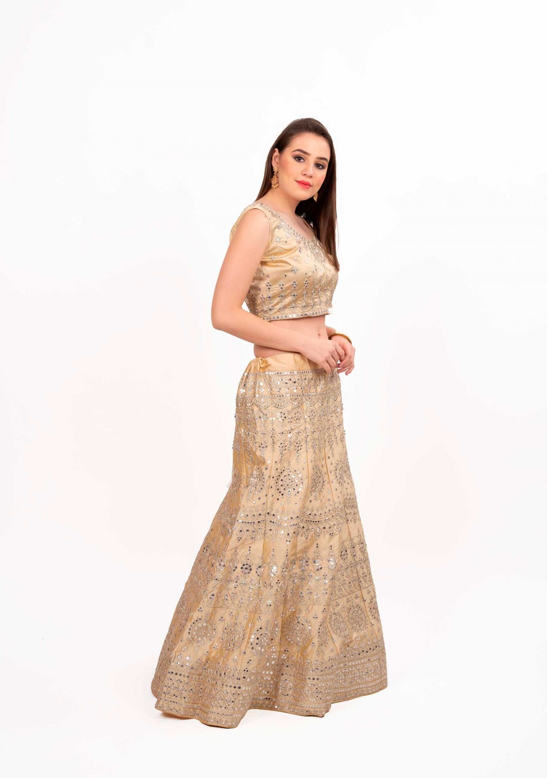 Beige Satin Embroidered Lehenga with Foil Mirror Work