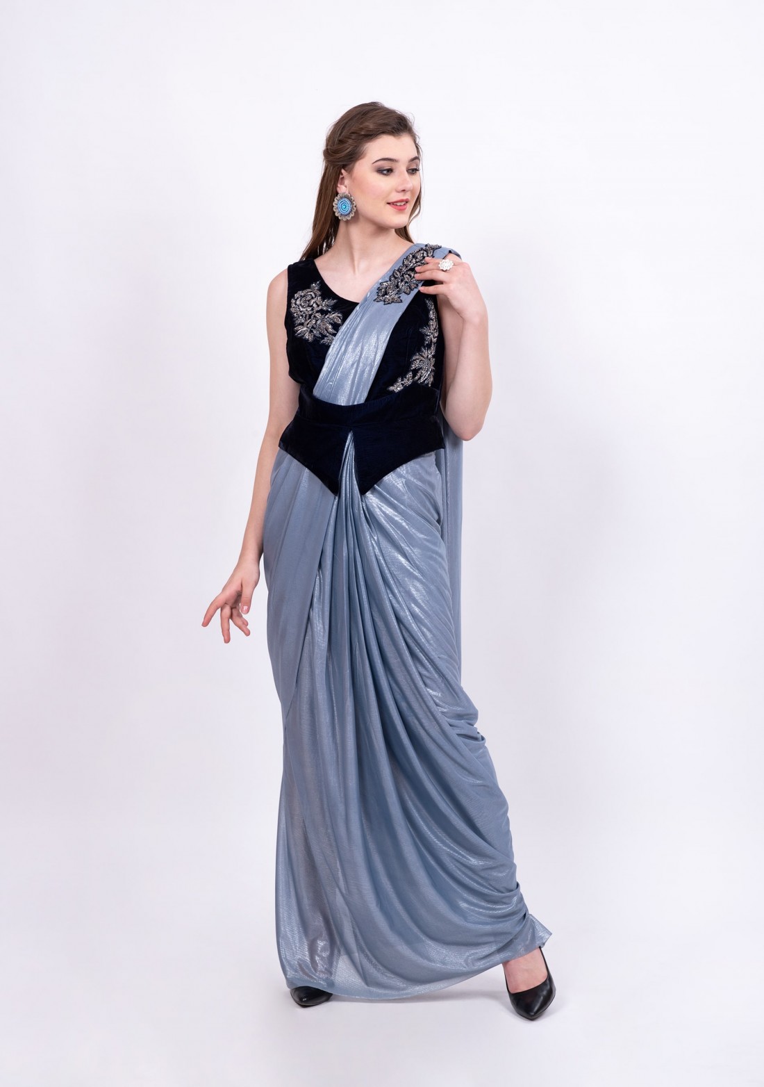 Bluish Grey Shimmer       Lycra Ready to Wear Saree Cum Gown