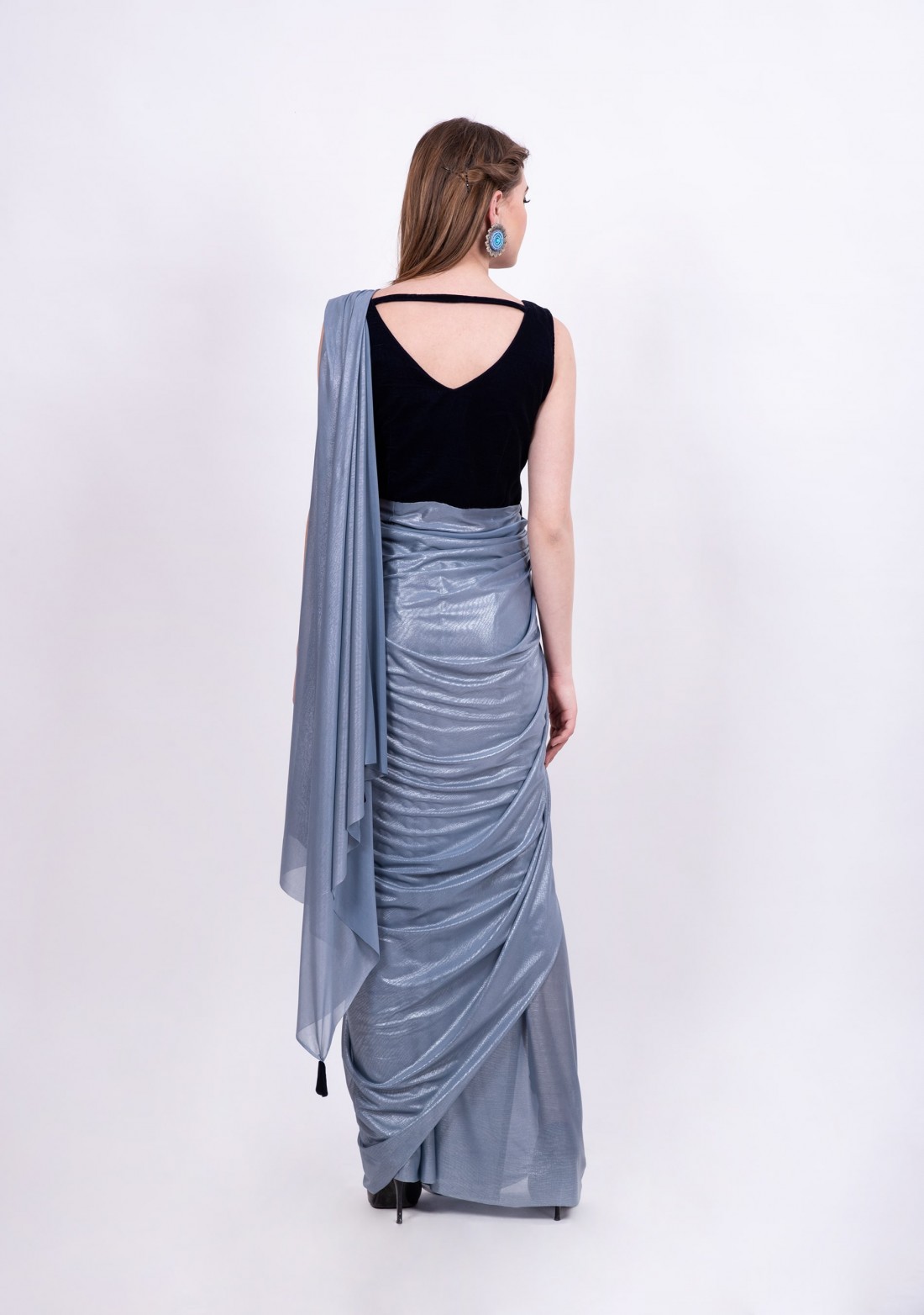 Bluish Grey Shimmer       Lycra Ready to Wear Saree Cum Gown