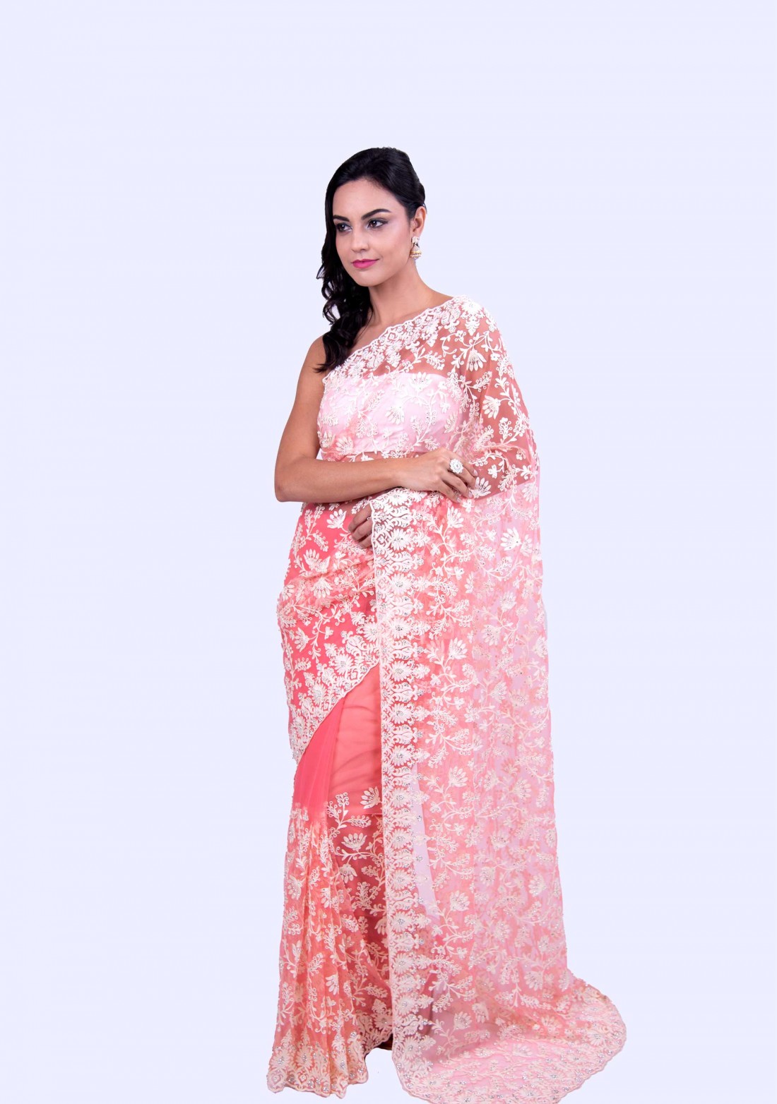 Heavy Thread Floral Embroidered Pink Net Saree