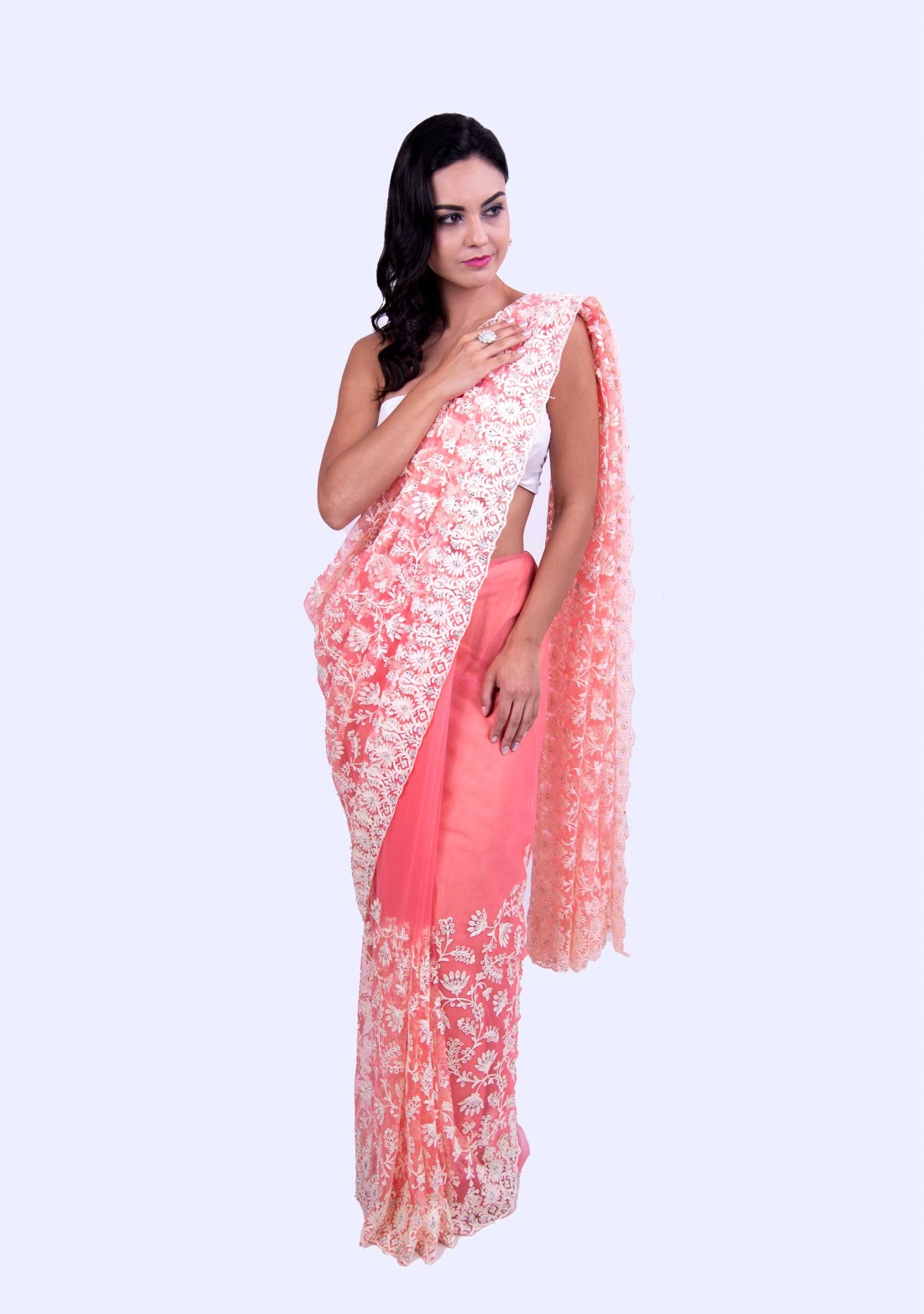 Heavy Thread Floral Embroidered Pink Net Saree
