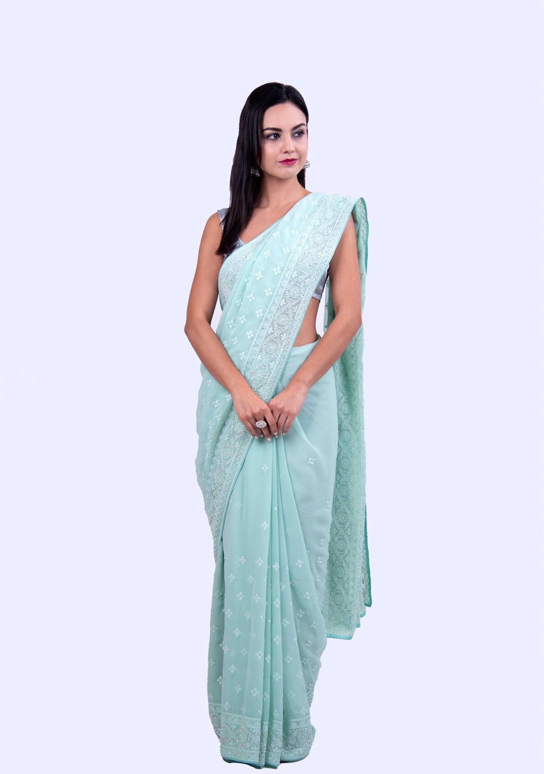 Thread Embroidered Ice Blue Georgette Saree with Stone Embellishment