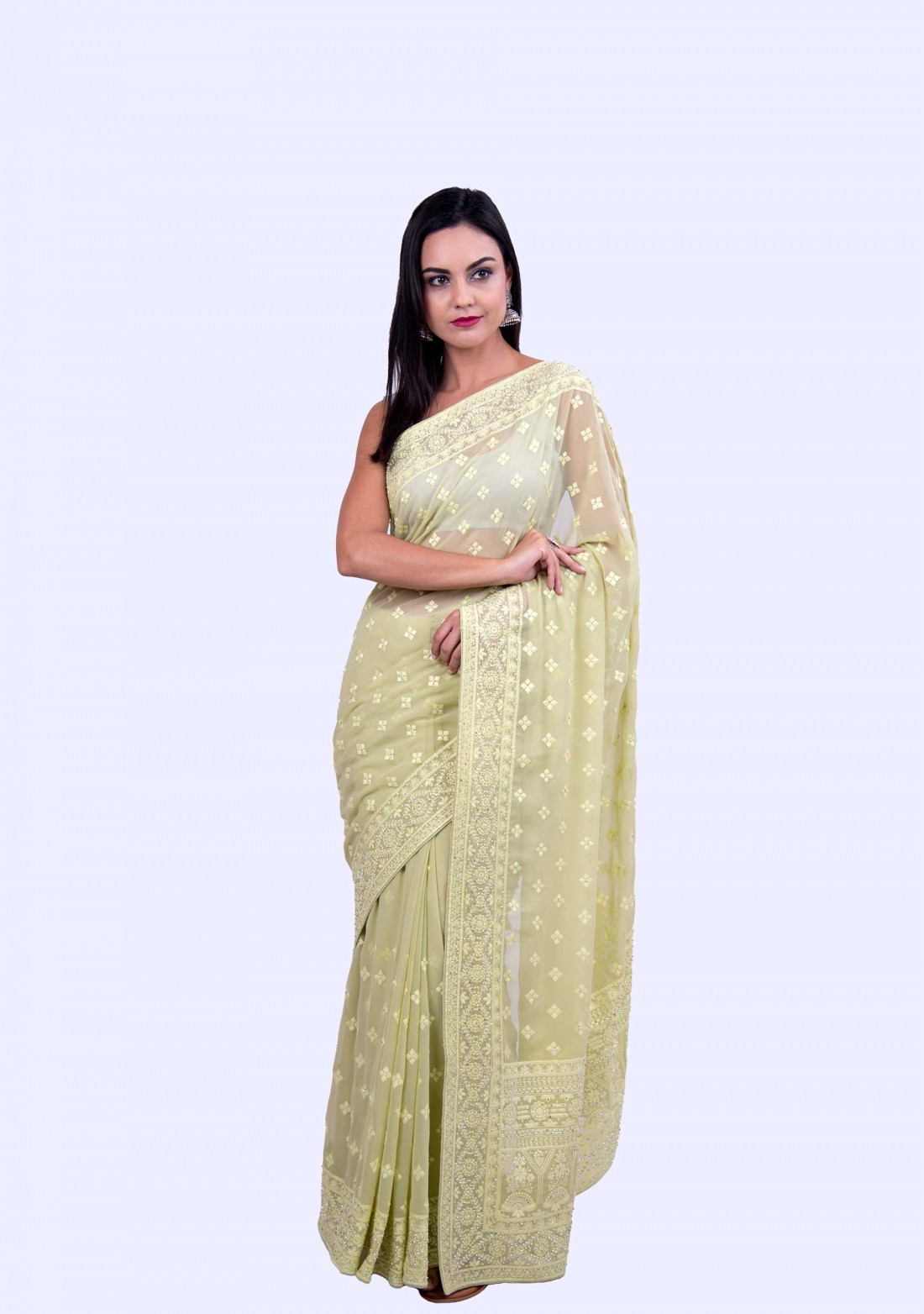 Thread Embroidered Pista Green Georgette Saree with Stone Embellishment
