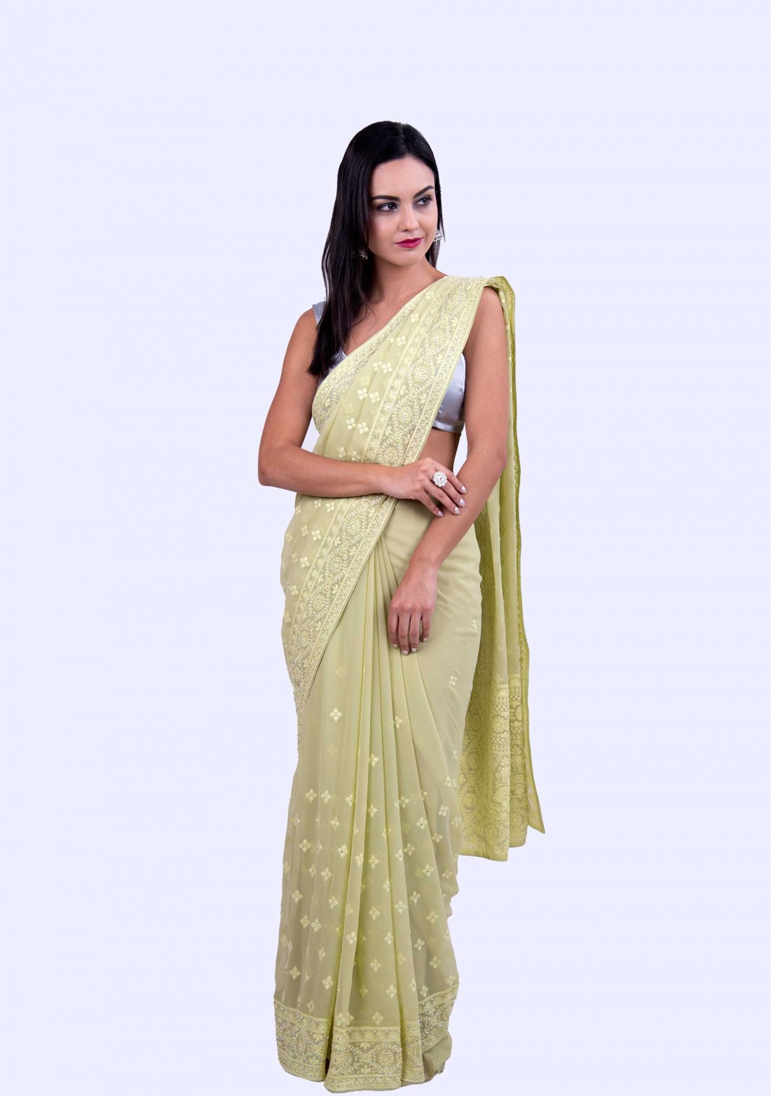 Thread Embroidered Pista Green Georgette Saree with Stone Embellishment