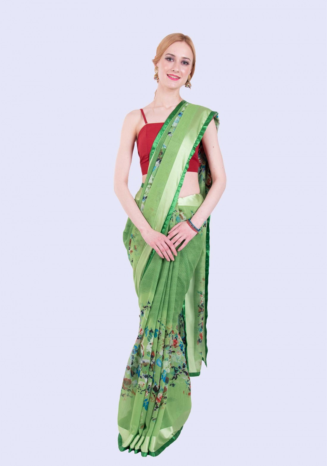 Green Light Weight Cotton Satin Floral Printed Gorgeous Saree