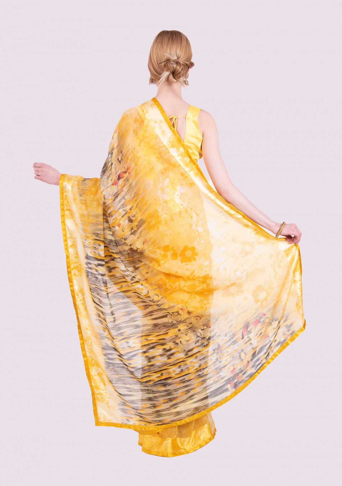 Yellow Light Weight Cotton Satin Abstract Printed Gorgeous Saree
