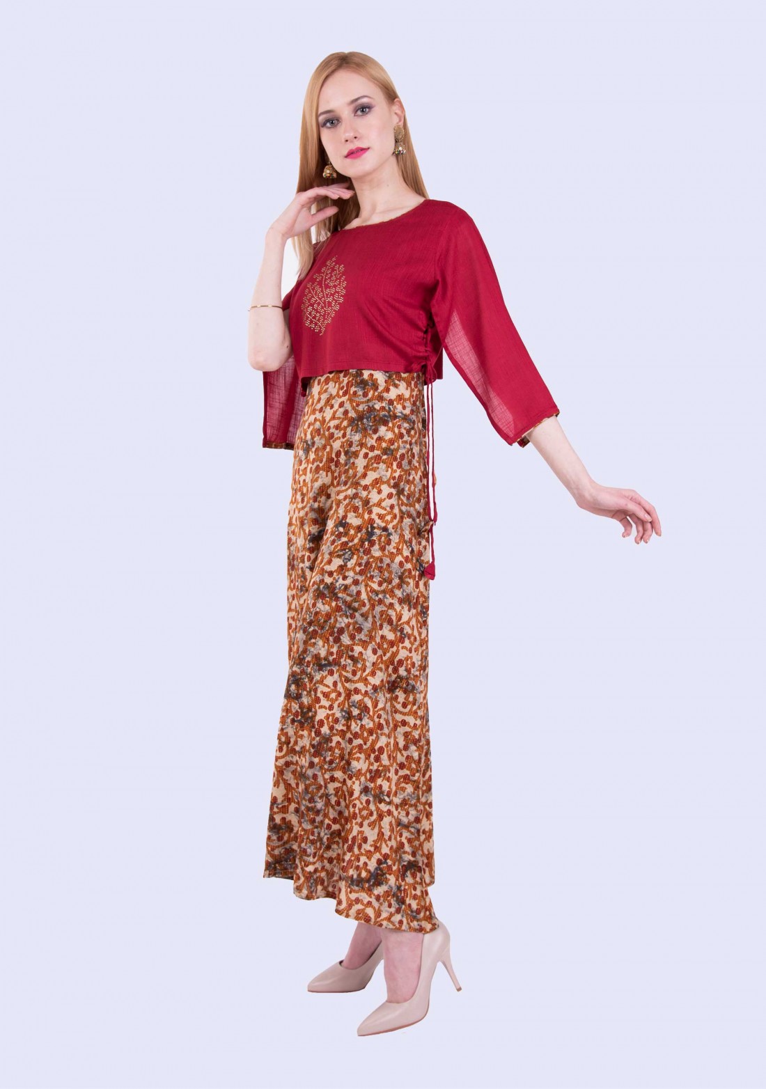 Multi-Colour Asymmetrical A-line Printed Rayon Long Dress with Cape