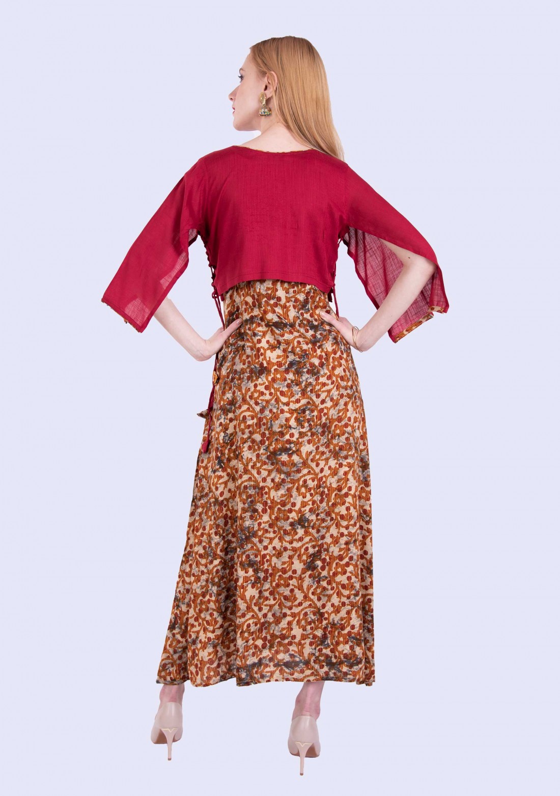 Multi-Colour Asymmetrical A-line Printed Rayon Long Dress with Cape