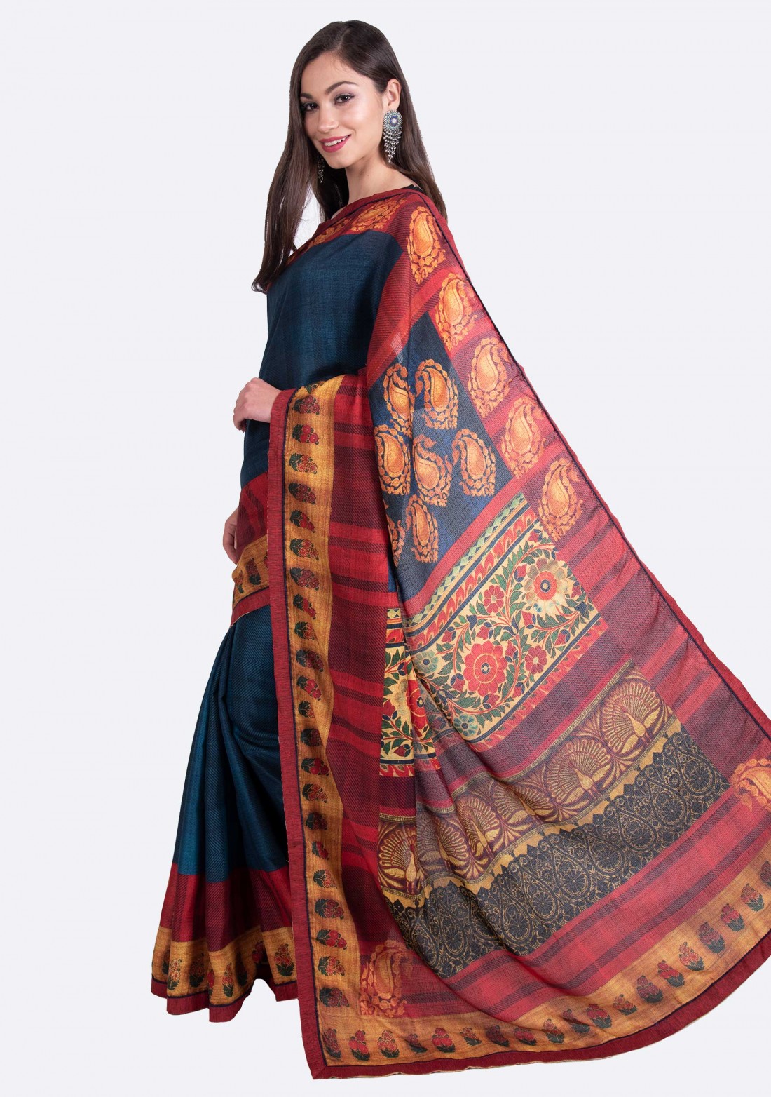 Navy Blue Multi-Color Silk Digital Printed Traditional Saree