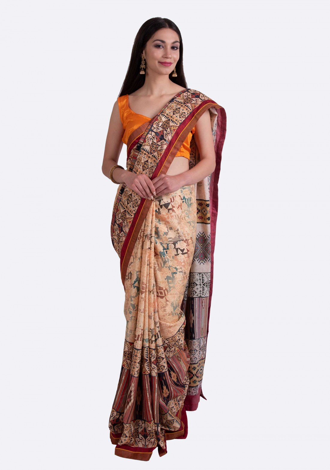 Beige Multi-Color Silk Digital Printed Traditional Saree