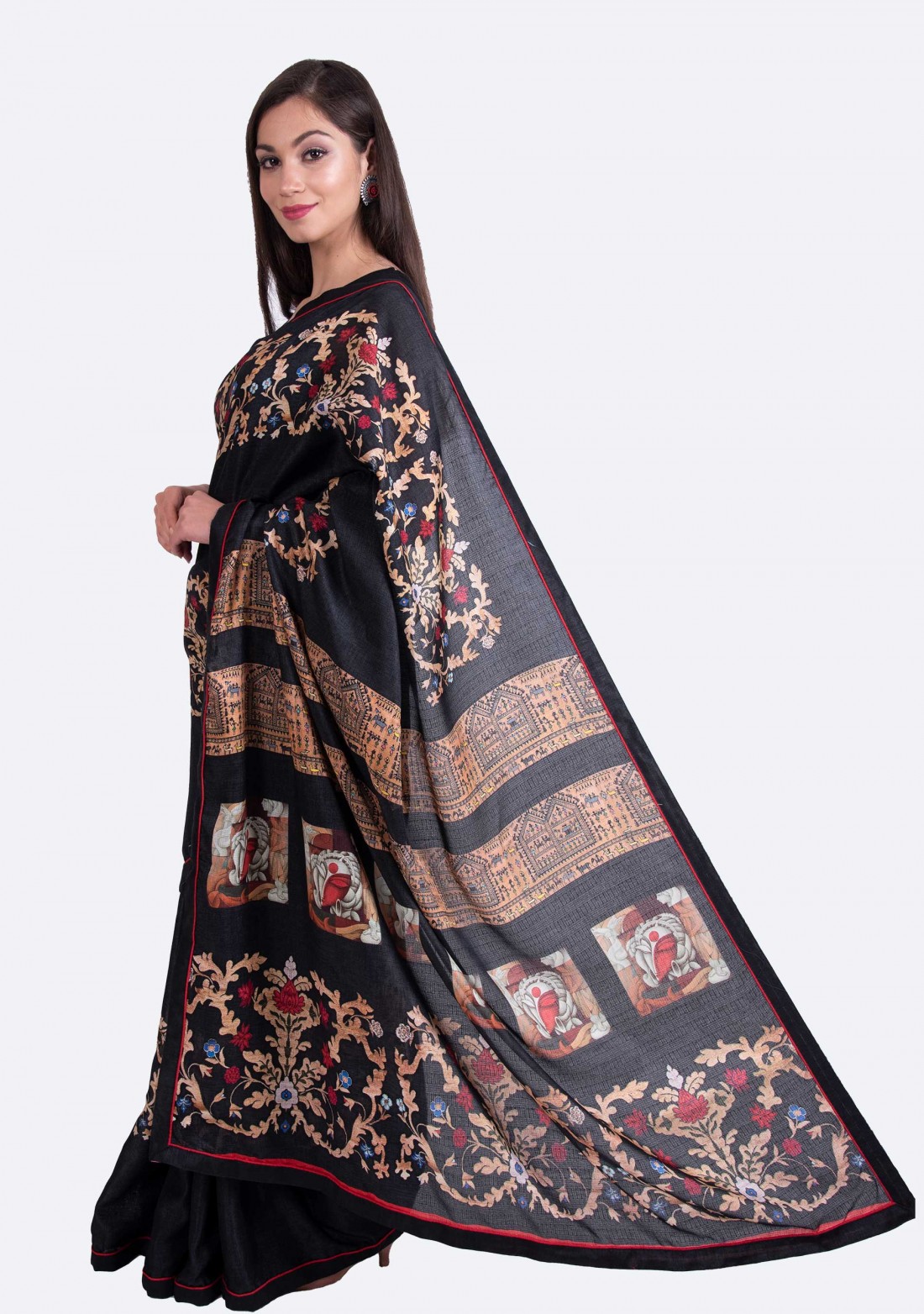 Black Multi-Color Silk Digital Printed Traditional Saree