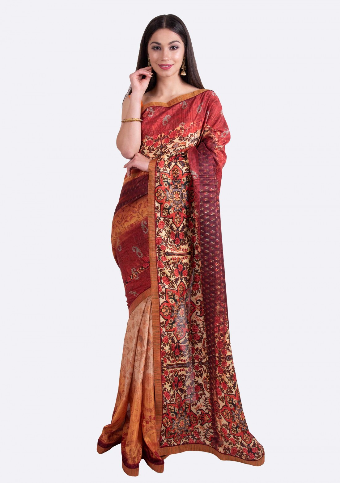 Beige Maroon Multi-Color Silk Digital Printed Traditional Saree