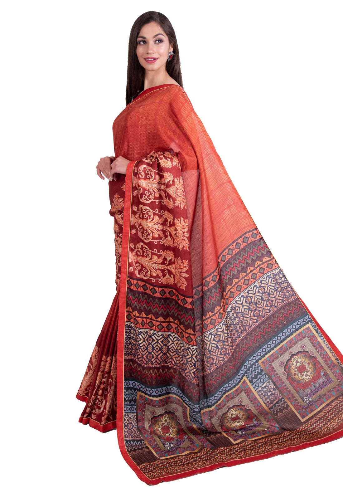 Rust Multi-Color Silk Digital Printed Traditional Saree