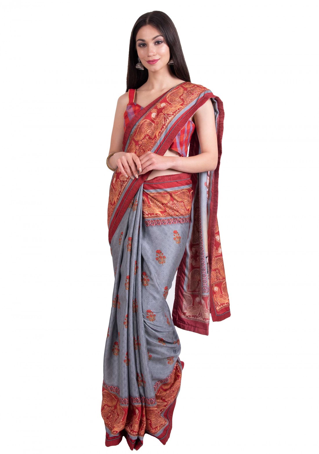 Grey-Red Multi-Color Silk Digital Printed Traditional Saree