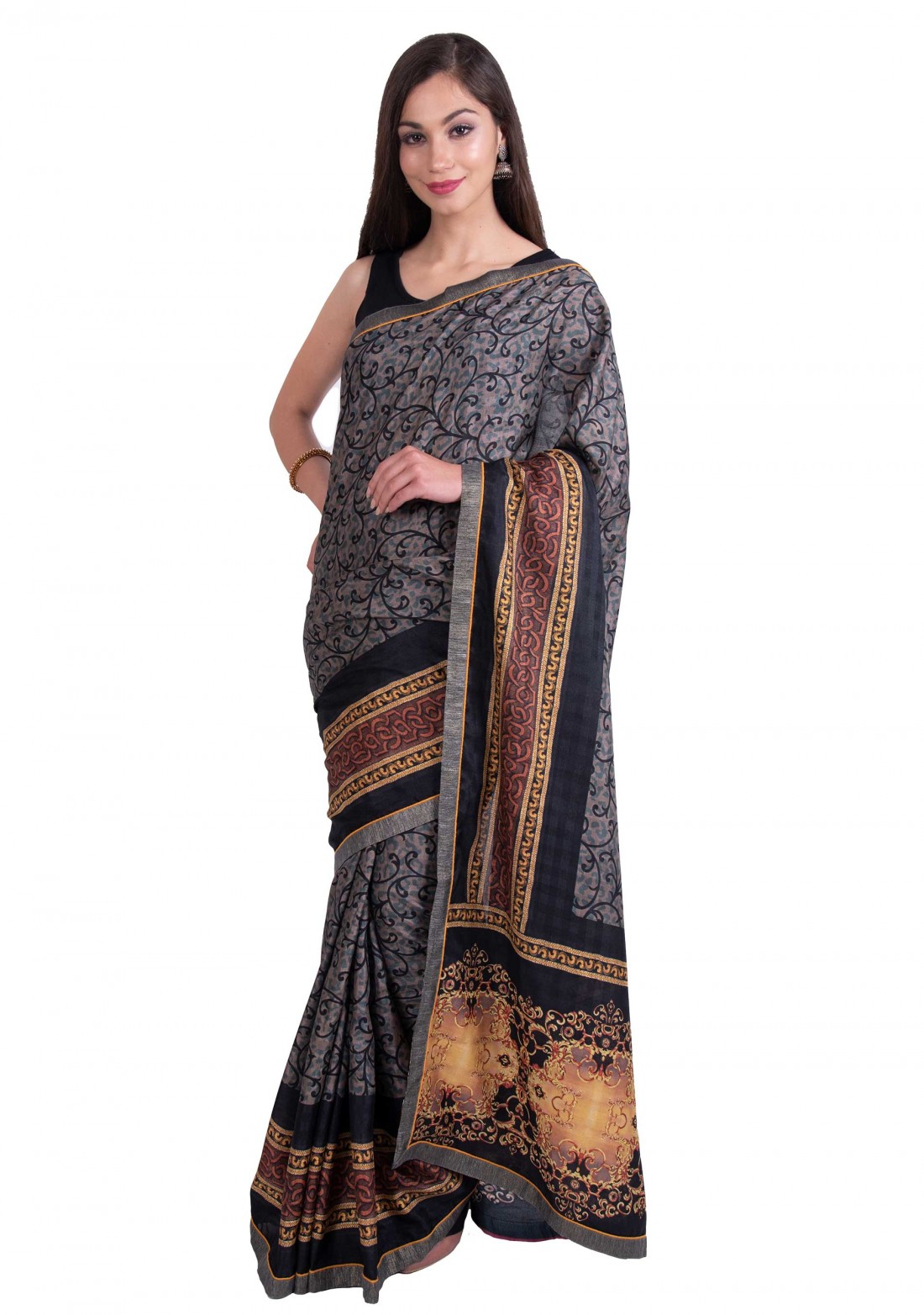 Grey Multi-Color Silk Digital Printed Traditional Saree