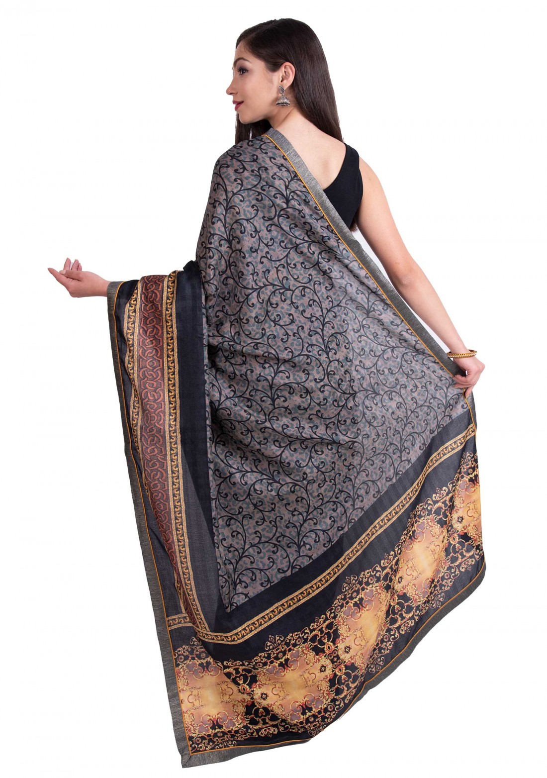 Grey Multi-Color Silk Digital Printed Traditional Saree