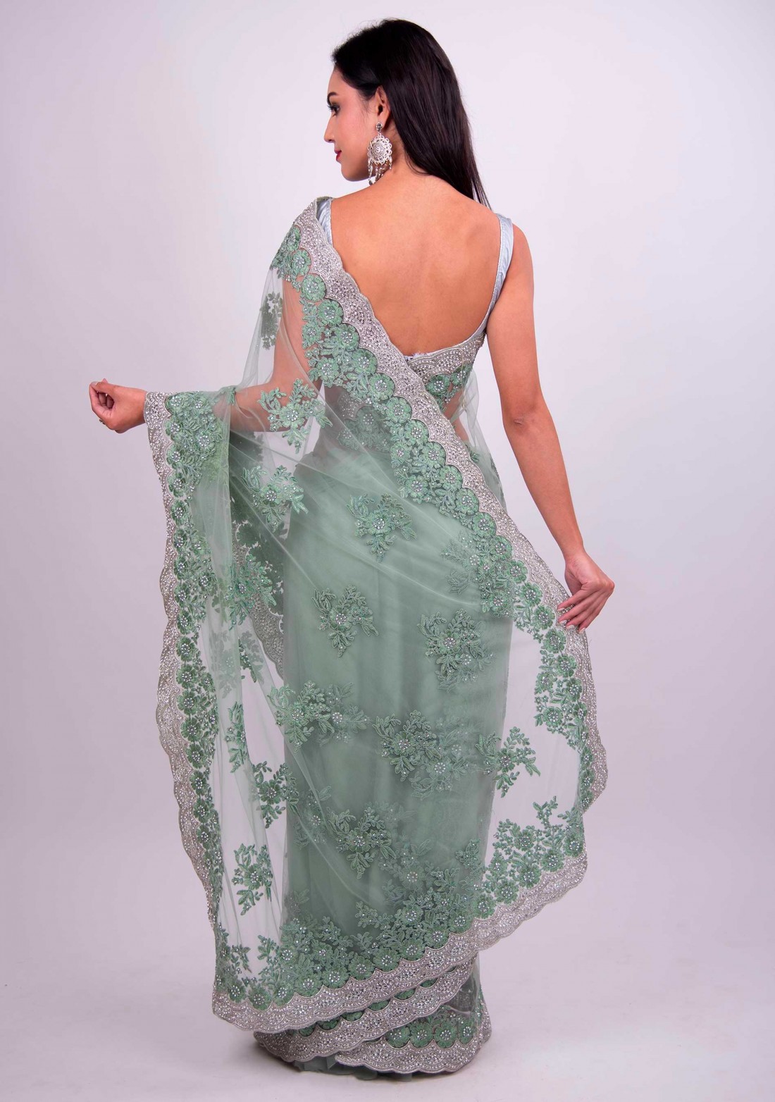Sage Green Net Embroidered Saree