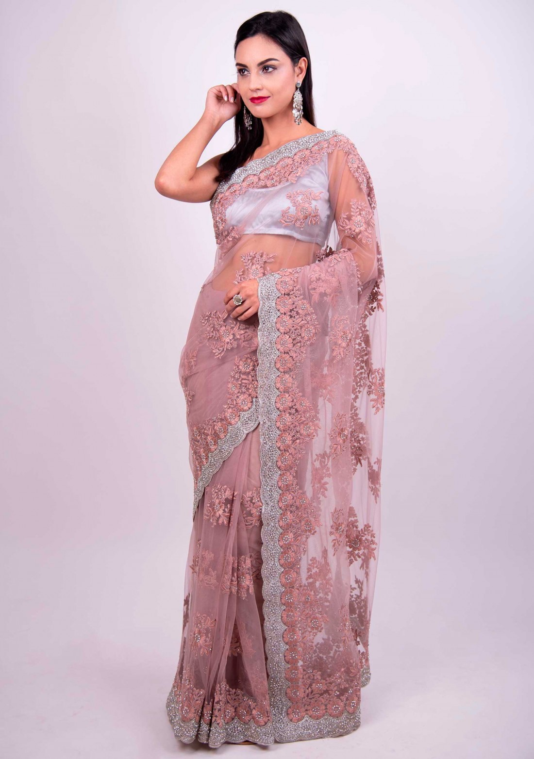 Dusty Pink Net Embroidered Saree
