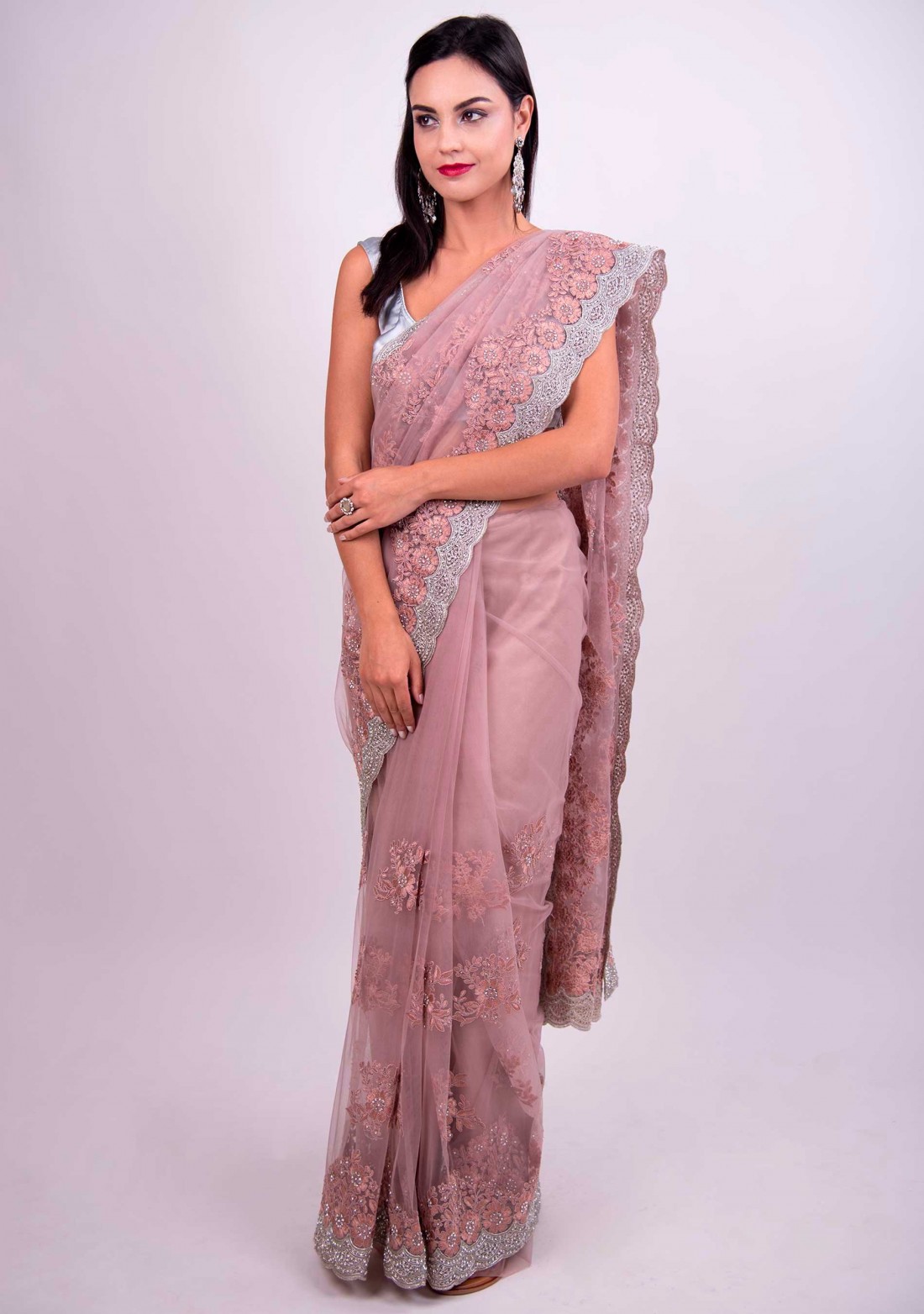 Dusty Pink Net Embroidered Saree