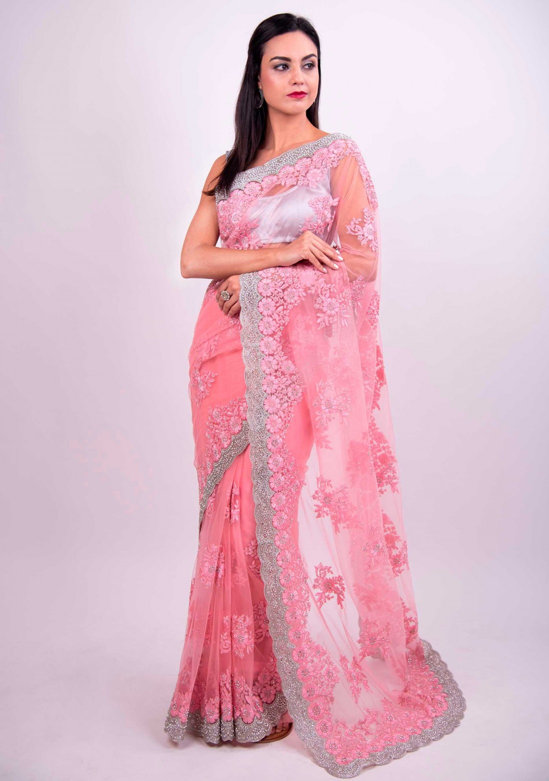 Pink Net Embroidered Saree