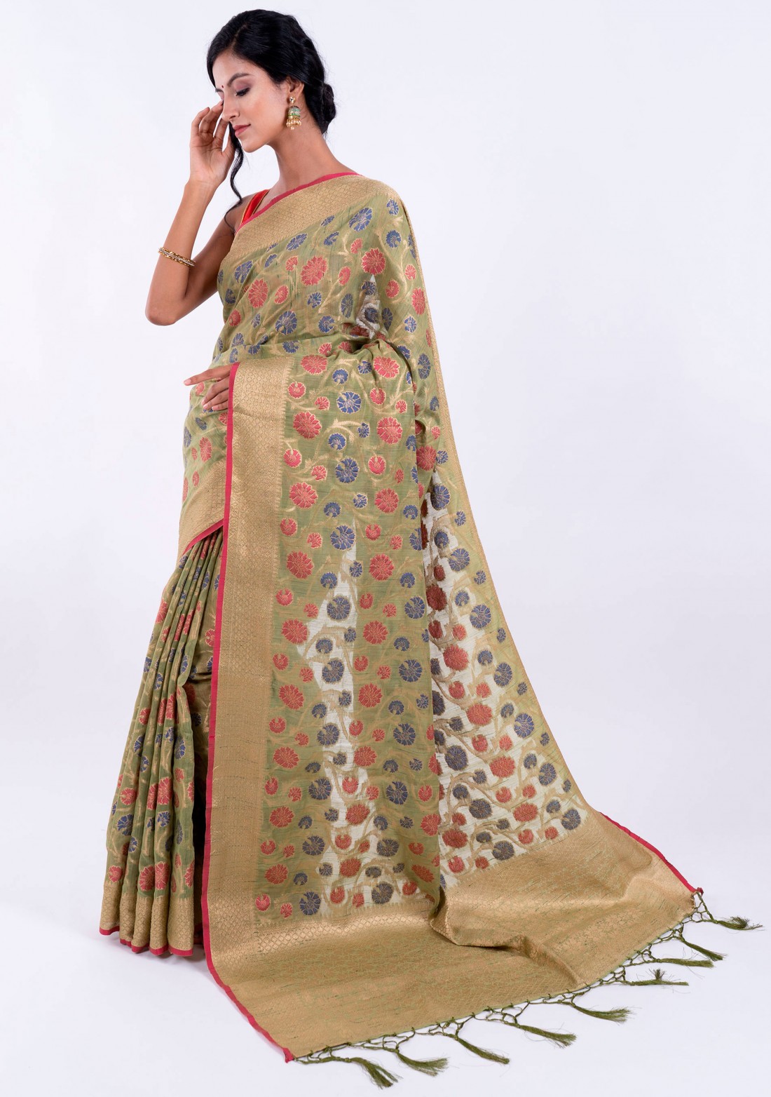 Banarasi Cotton Silk Green Saree with Multicolor Resham Floral Zaal & Zari Border