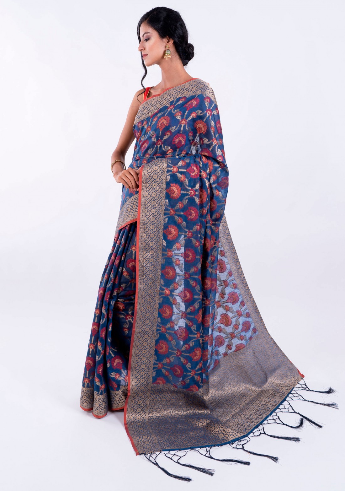 Banarasi Cotton Silk Royal Blue Saree with Multicolor Resham Floral Zaal & Zari Border