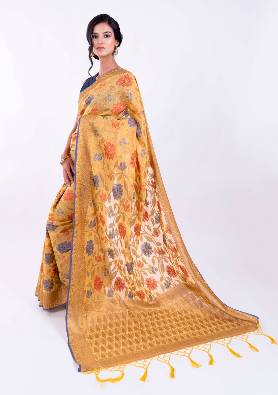 Banarasi Cotton Silk Yellow Saree with Multicolor Resham Floral Zaal & Zari Border
