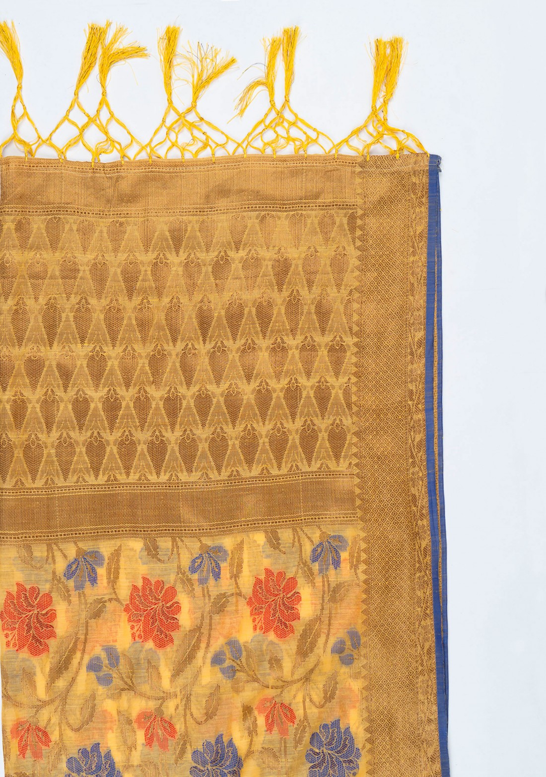 Banarasi Cotton Silk Yellow Saree with Multicolor Resham Floral Zaal & Zari Border