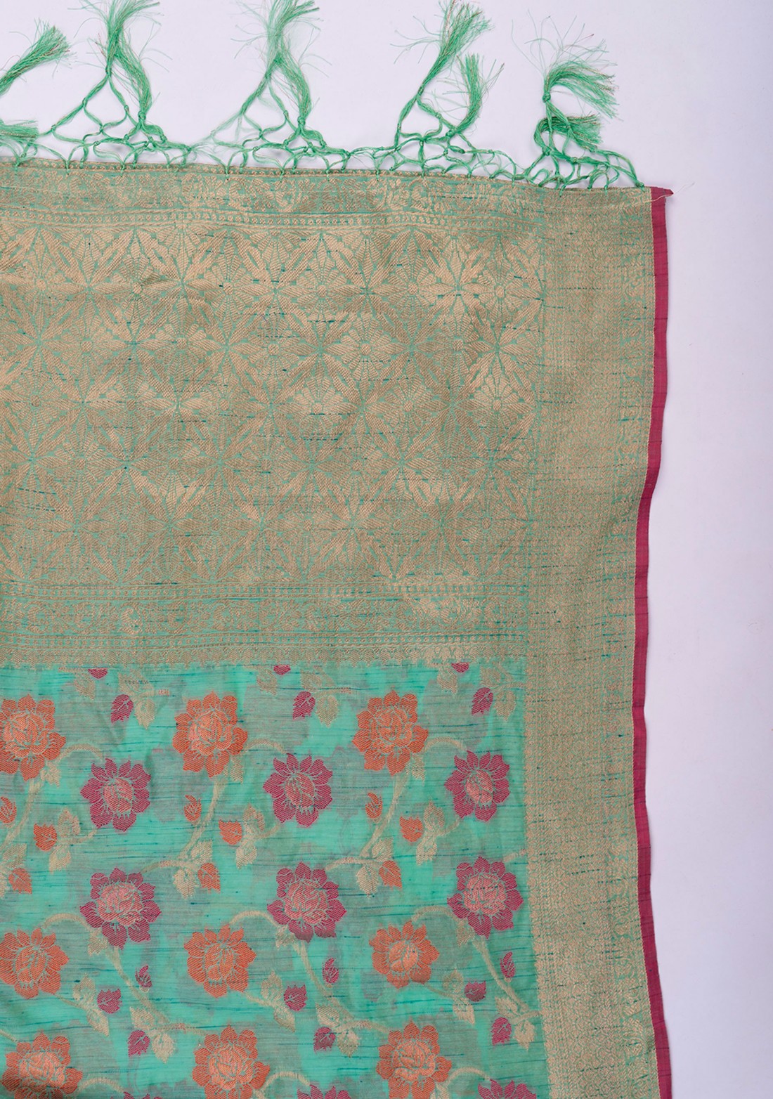 Banarasi Cotton Silk Sea Green Saree with Multicolor Resham Floral Zaal & Zari Border