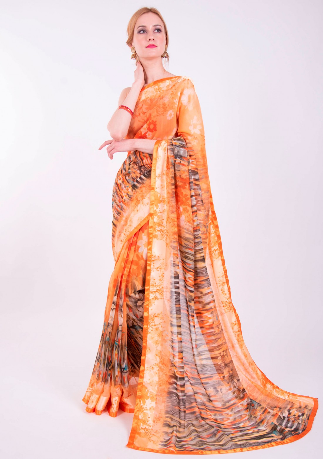Orange Light Weight Cotton Satin Abstract Printed Gorgeous Saree