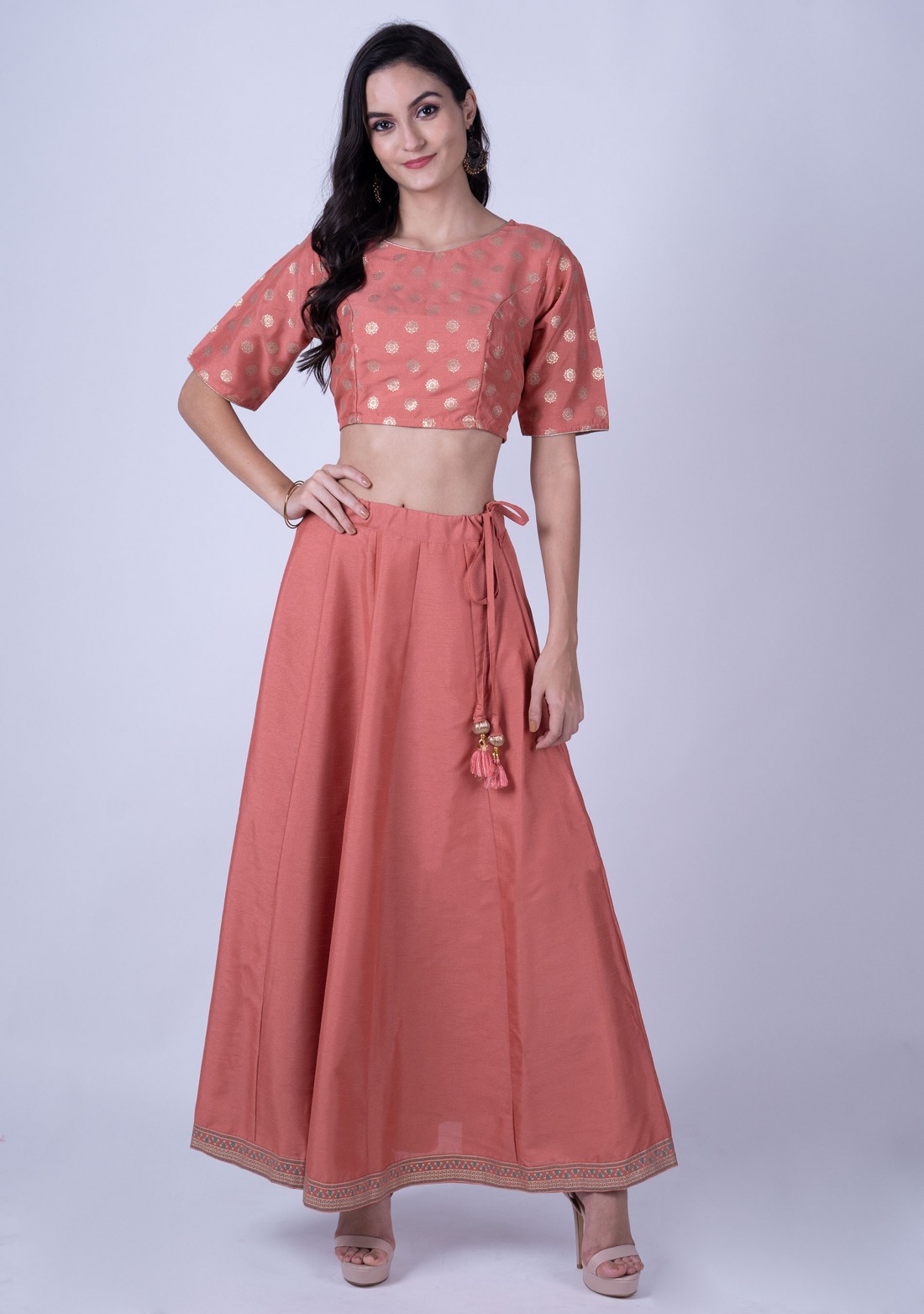 Peach Poly Silk Top with Skirt and Dupatta