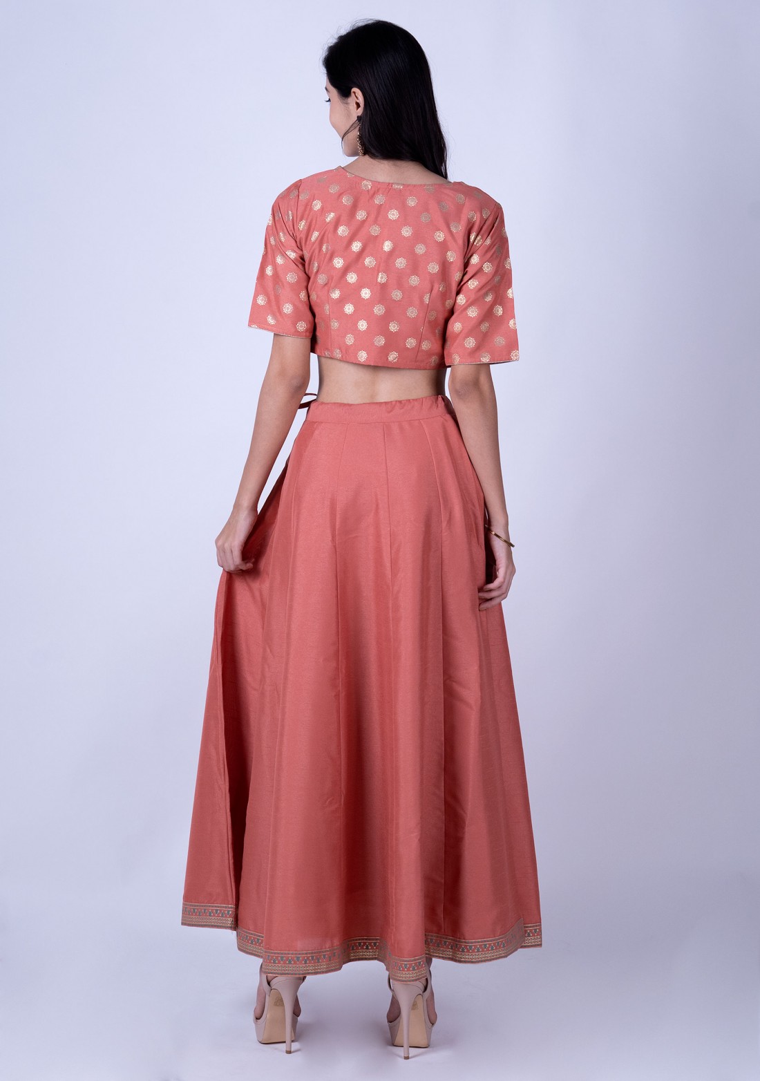 Peach Poly Silk Top with Skirt and Dupatta