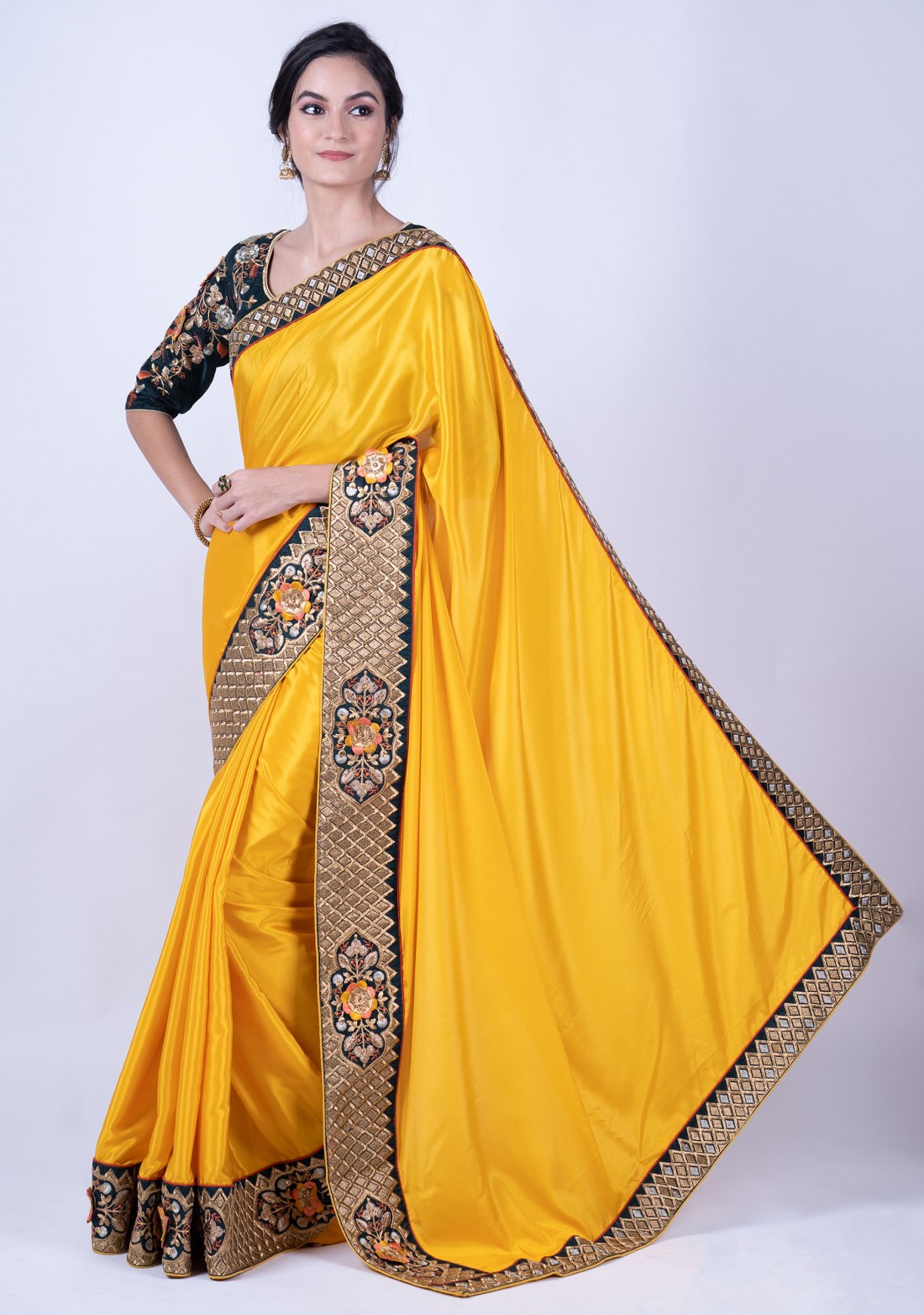 Bright Yellow Satin Silk Embellished Saree