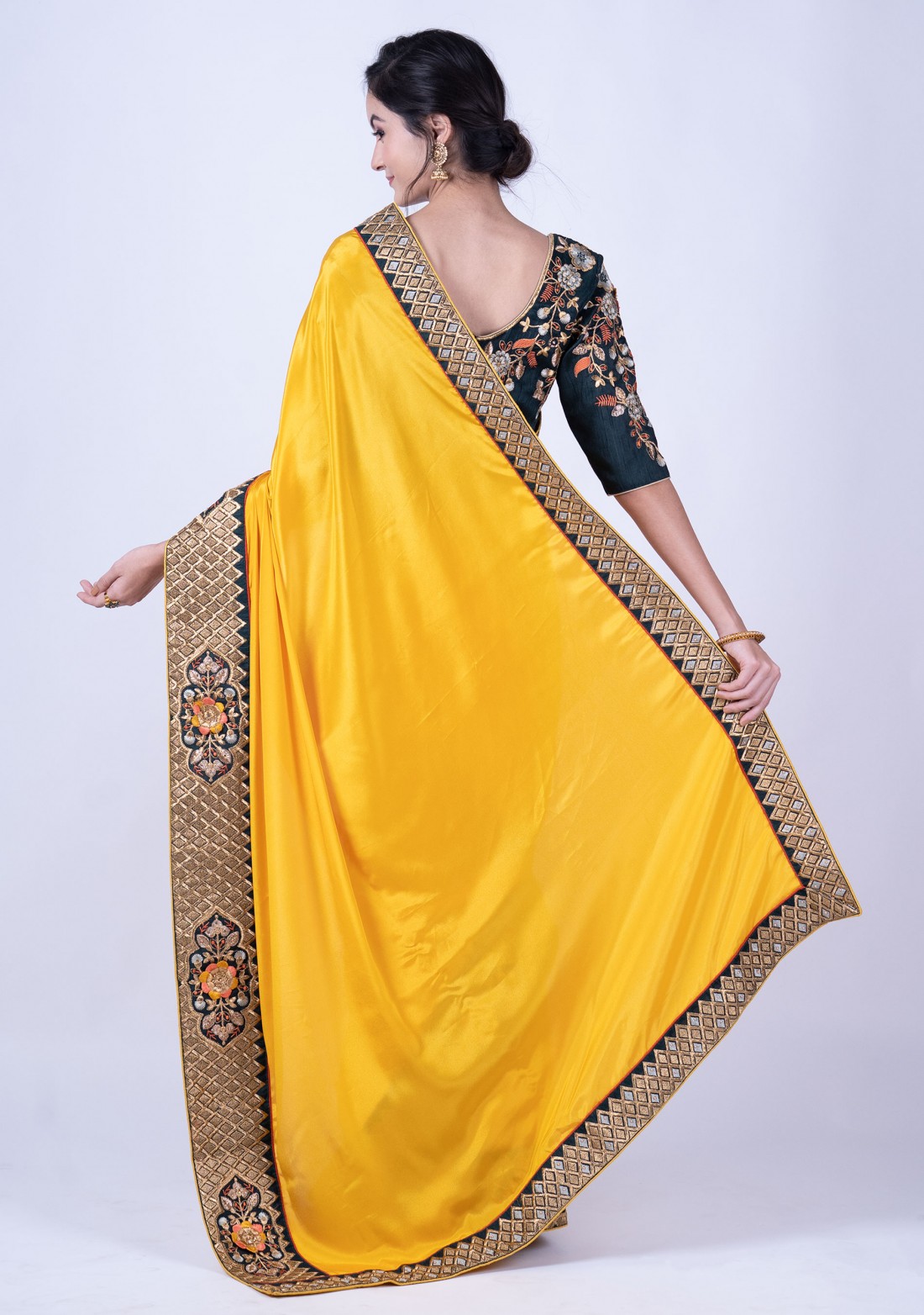 Bright Yellow Satin Silk Embellished Saree